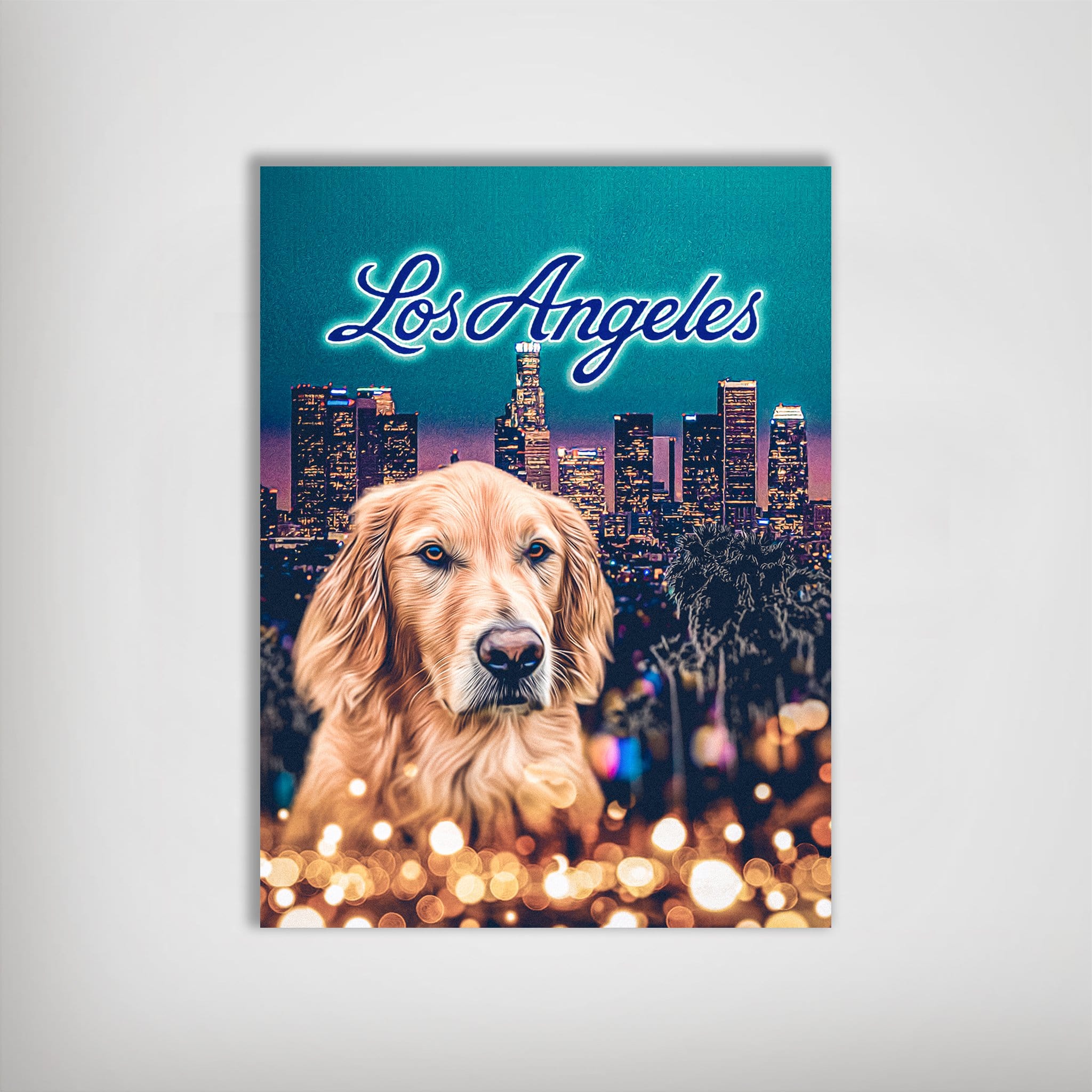 Personalized 'Doggos of Los Angeles' poster featuring a golden retriever over a city skyline with bokeh lights.