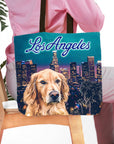 Personalized tote bag with a golden retriever dog portrait over a Los Angeles skyline.