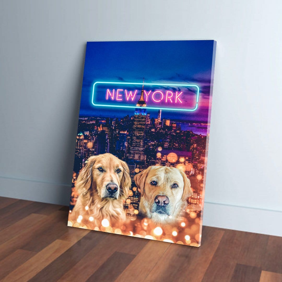 Personalized canvas with two golden retrievers in front of a neon New York City skyline.