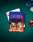 Personalized playing cards featuring two custom dog portraits over a New York City skyline with neon "NEW YORK" sign.