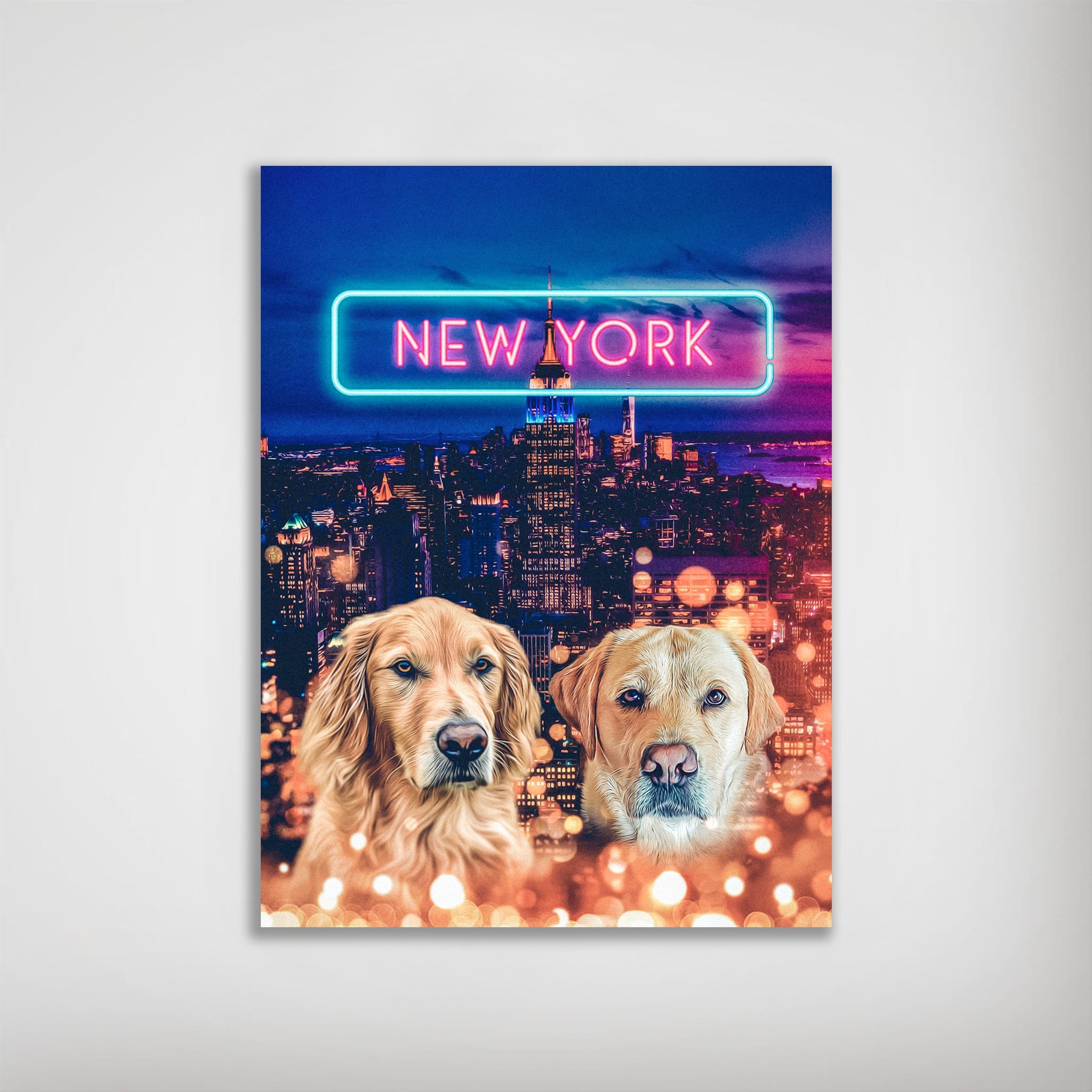 Personalized 'Doggos of New York' poster featuring two dogs over a vibrant city skyline with a neon sign.