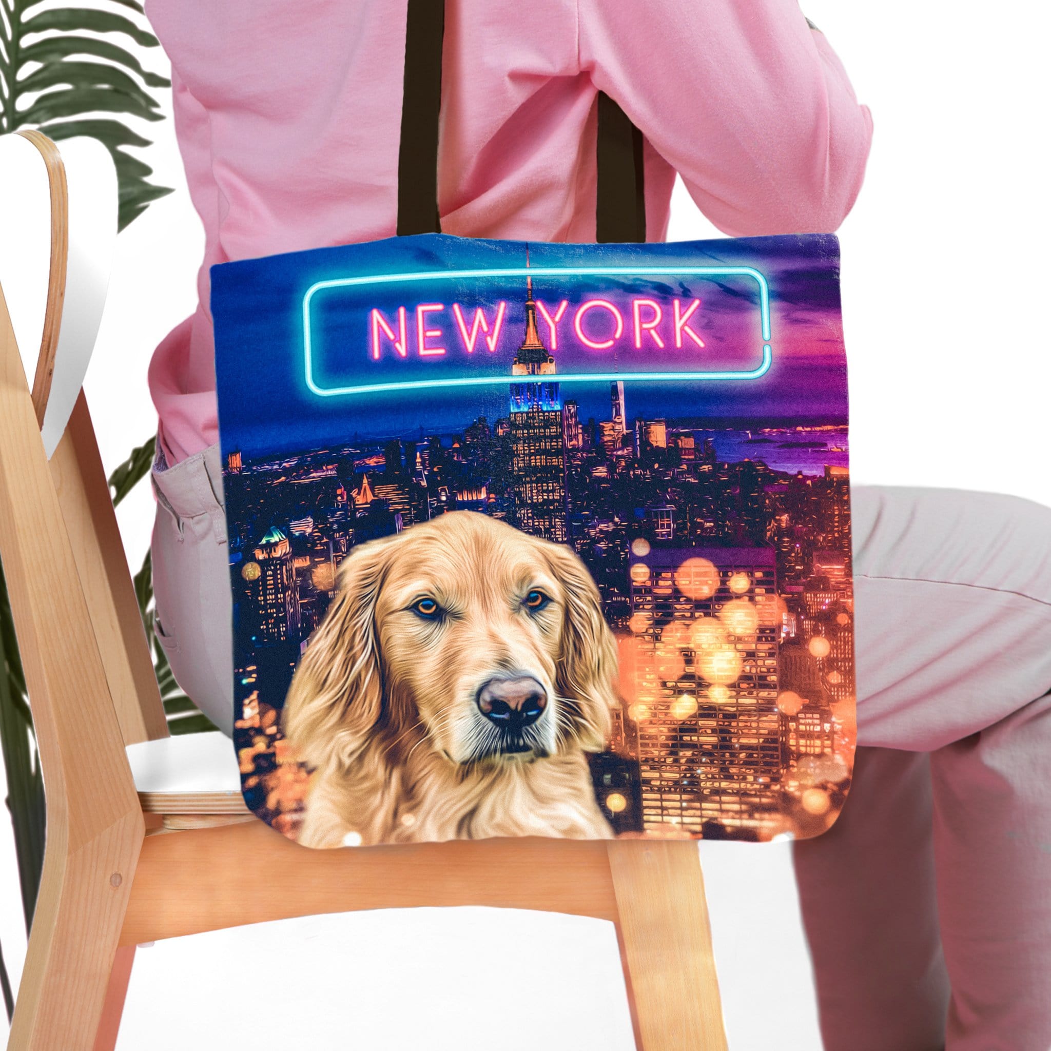 Personalized 2 pet tote bag with a golden retriever portrait and New York City skyline.