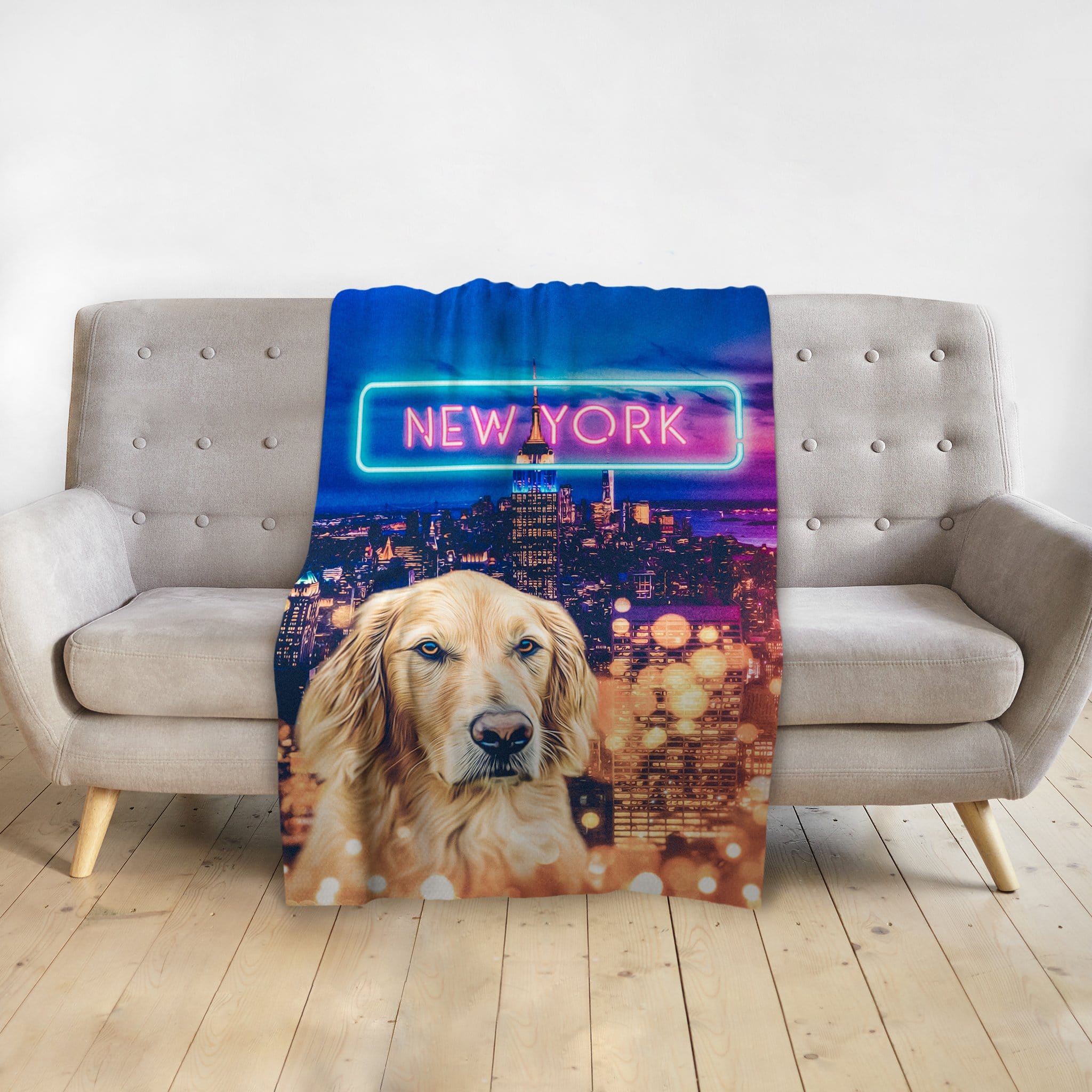 Personalized pet blanket with a golden retriever portrait and New York City skyline.