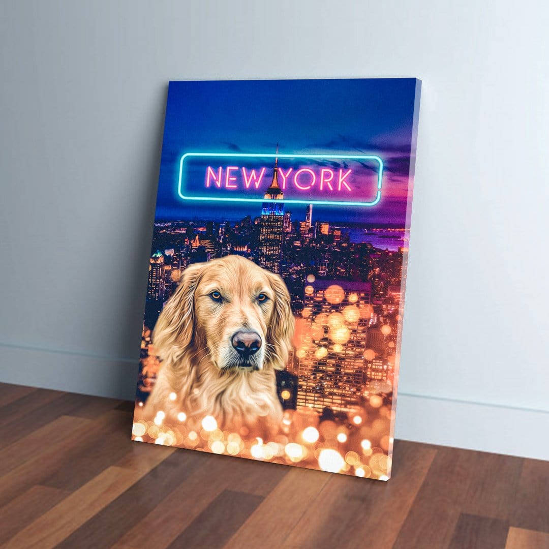 Golden Retriever pet canvas with a neon "NEW YORK" sign over a city skyline at night.