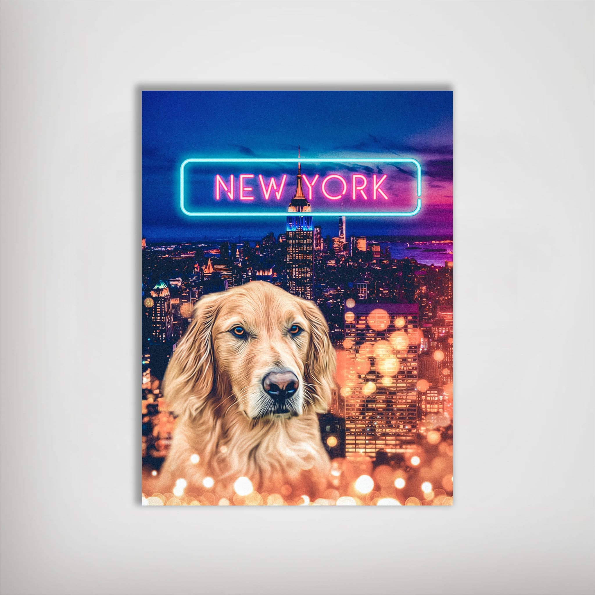 Personalized 'Doggos of New York' poster featuring a golden retriever over a vibrant city skyline with a neon "NEW YORK" sign.