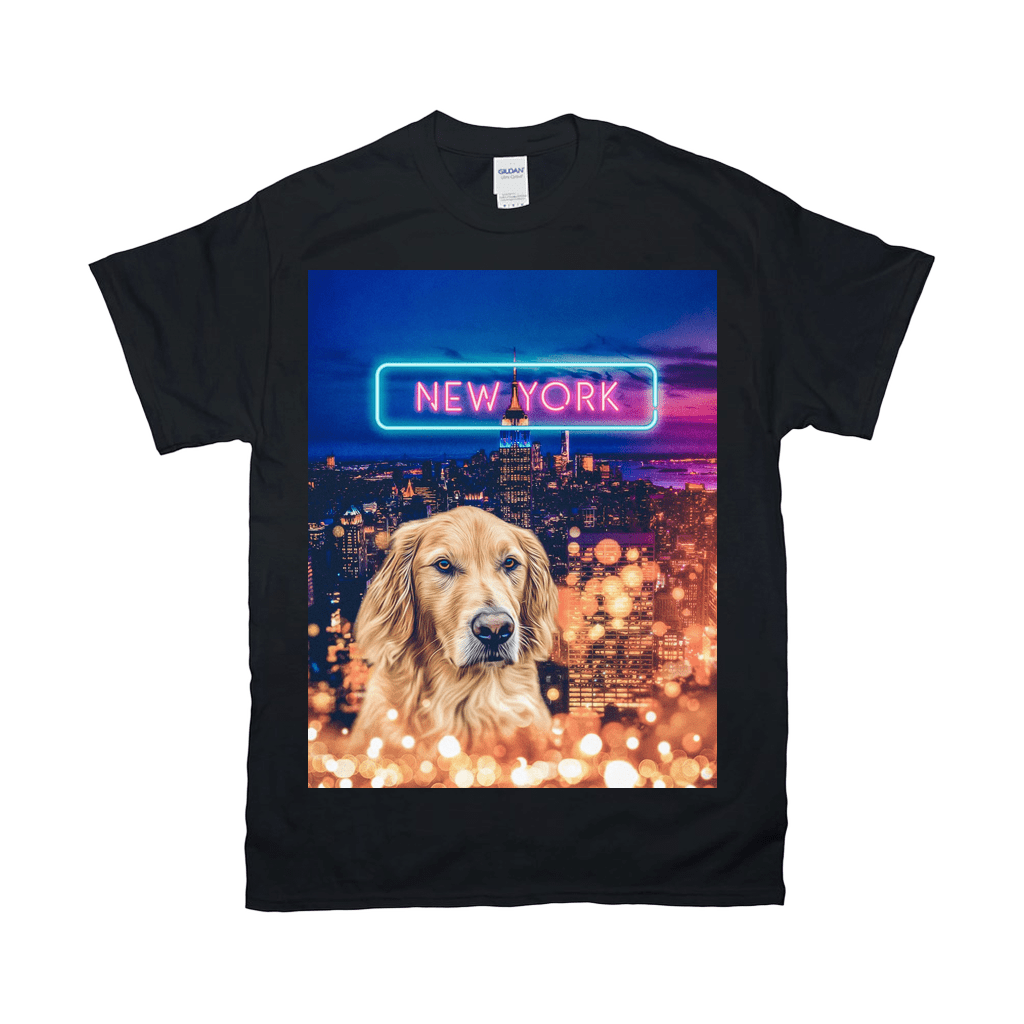 Black Gildan t-shirt with a golden retriever over a New York City skyline and "NEW YORK" in neon text.