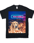 Black Gildan t-shirt with a golden retriever over a New York City skyline and "NEW YORK" in neon text.