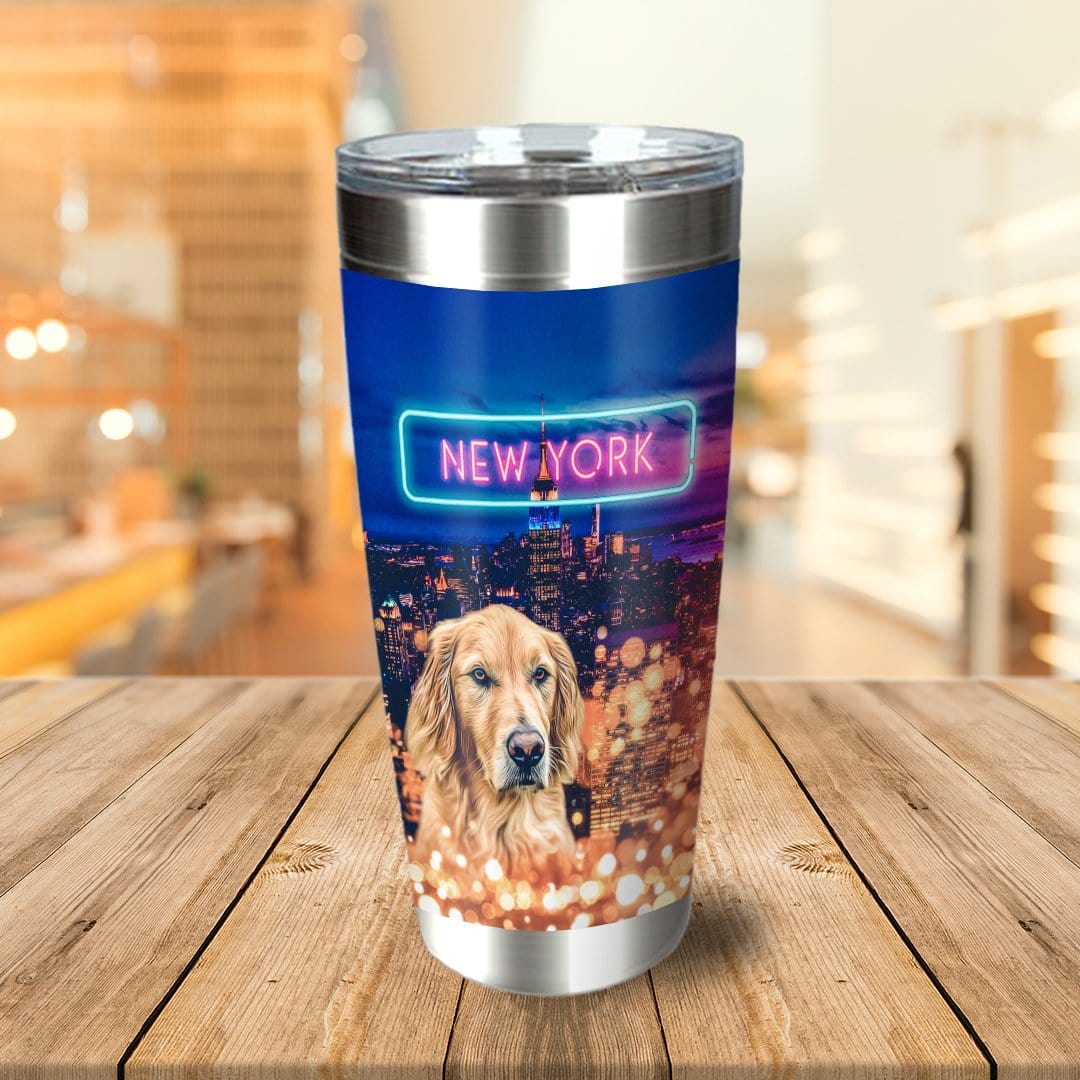 Personalized stainless steel tumbler with a golden retriever portrait and "New York" neon sign over a city skyline.