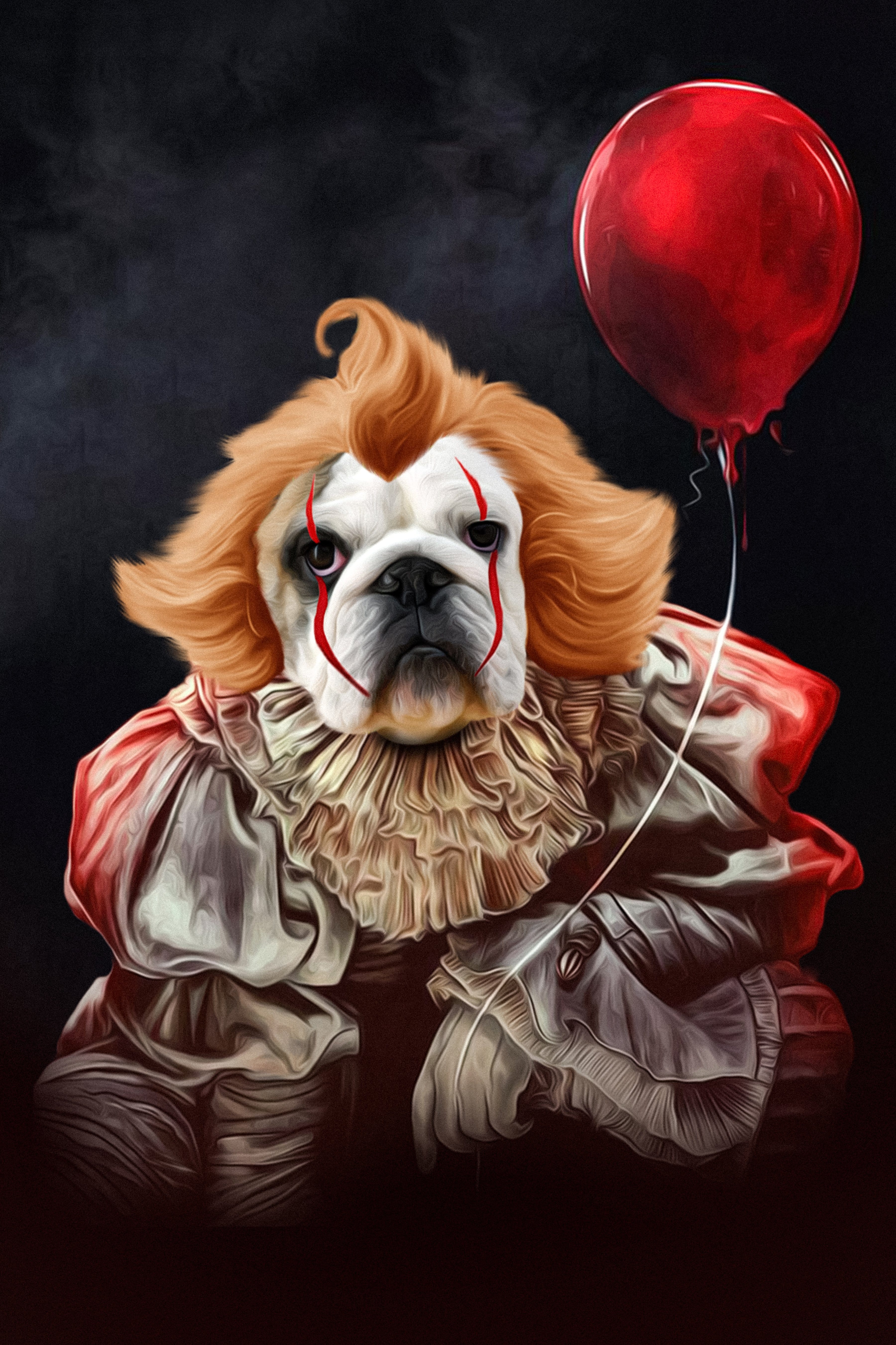Personalized digital portrait of a bulldog dressed as Pennywise with a red balloon.