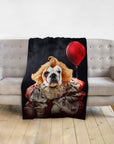 Personalized pet blanket with a Doggovinci portrait of a dog dressed as Pennywise the clown holding a red balloon.