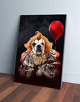 Doggowise personalized pet canvas featuring a dog dressed as Pennywise with a red balloon.