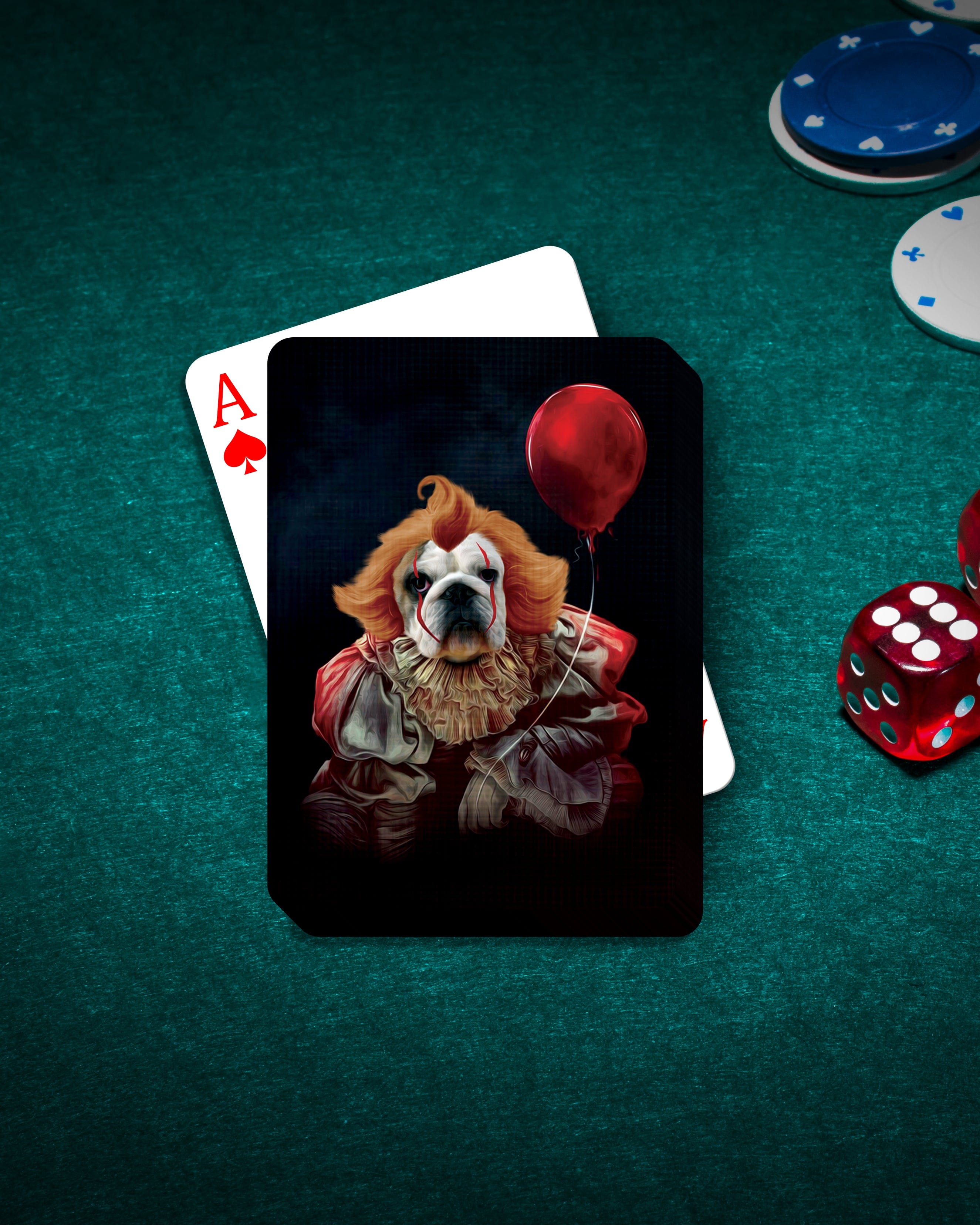 Personalized playing card featuring a dog portrait as a clown with a red balloon.