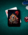 Personalized playing card featuring a dog portrait as a clown with a red balloon.