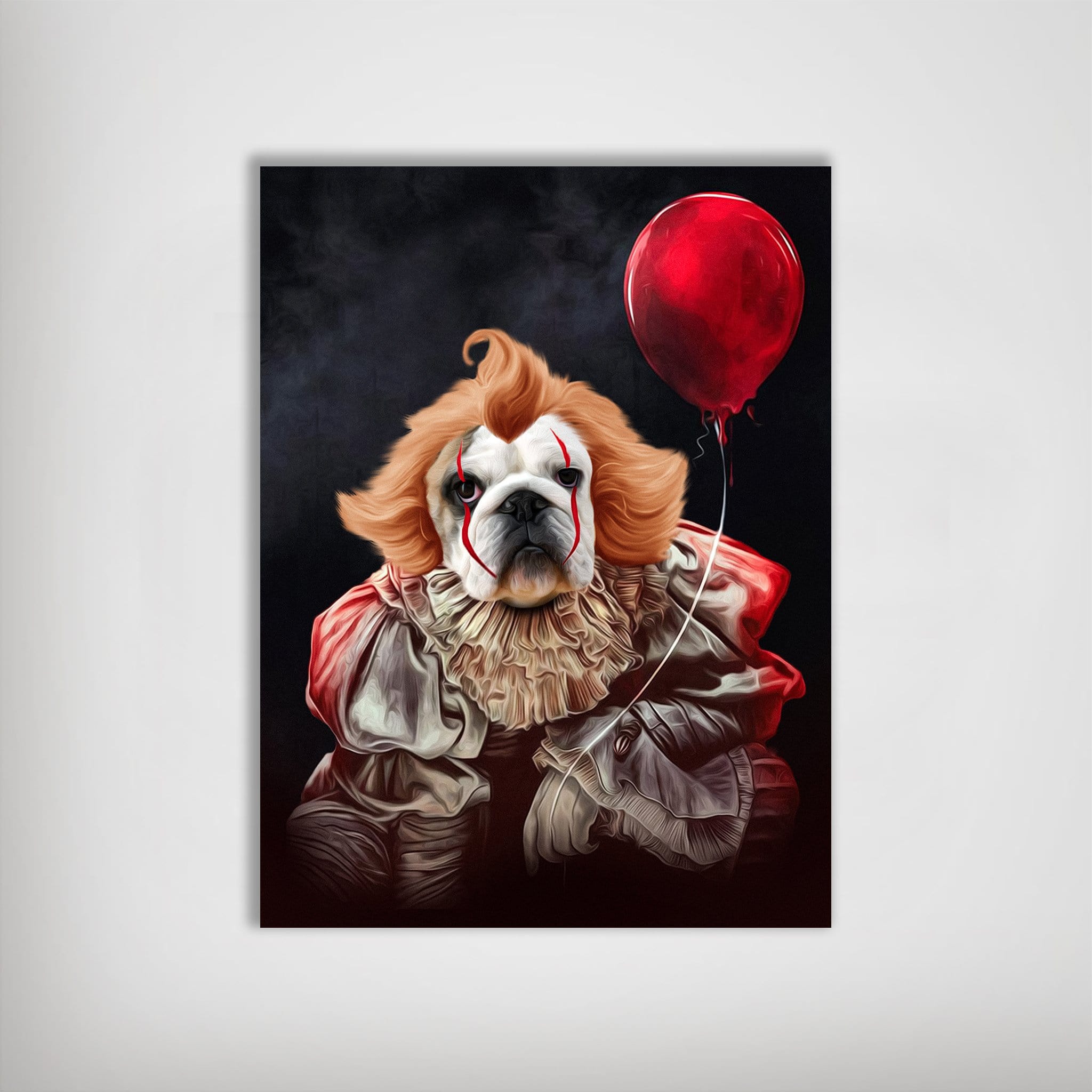 Personalized pet poster featuring a dog dressed as Pennywise with a red balloon, on a dark background.