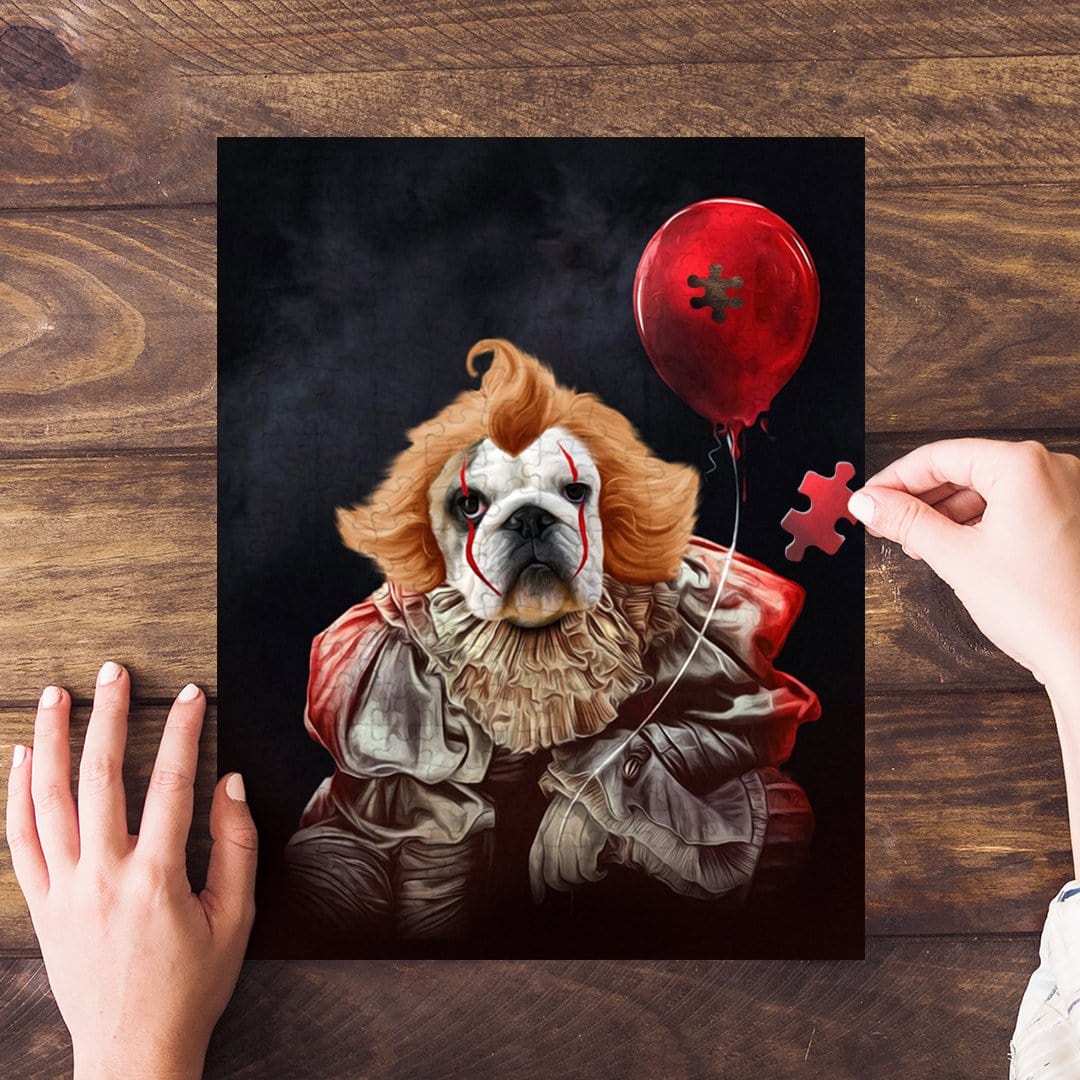Personalized pet puzzle featuring a dog dressed as a clown, holding a red balloon.