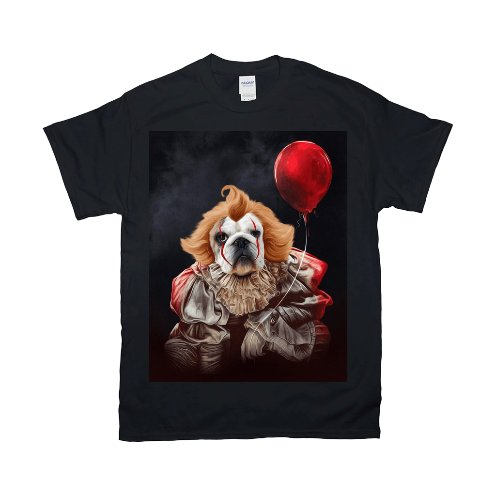 Black Gildan t-shirt with a personalized pet portrait of a dog dressed as Pennywise holding a red balloon.