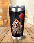 Personalized stainless steel tumbler with a custom dog portrait in a clown costume holding a red balloon.