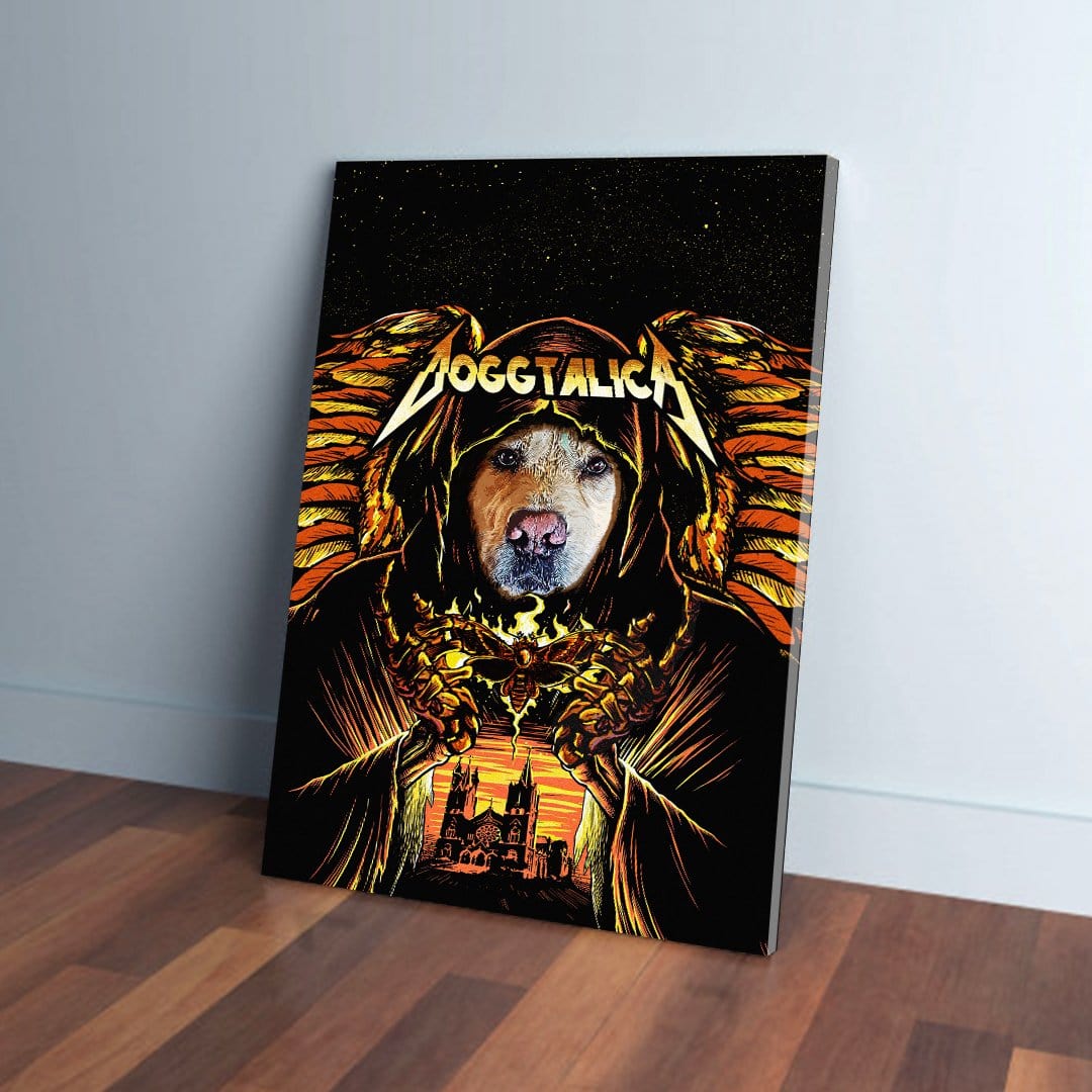 Personalized Doggtalica pet canvas featuring a dog in a dark, hooded robe with fiery wings.