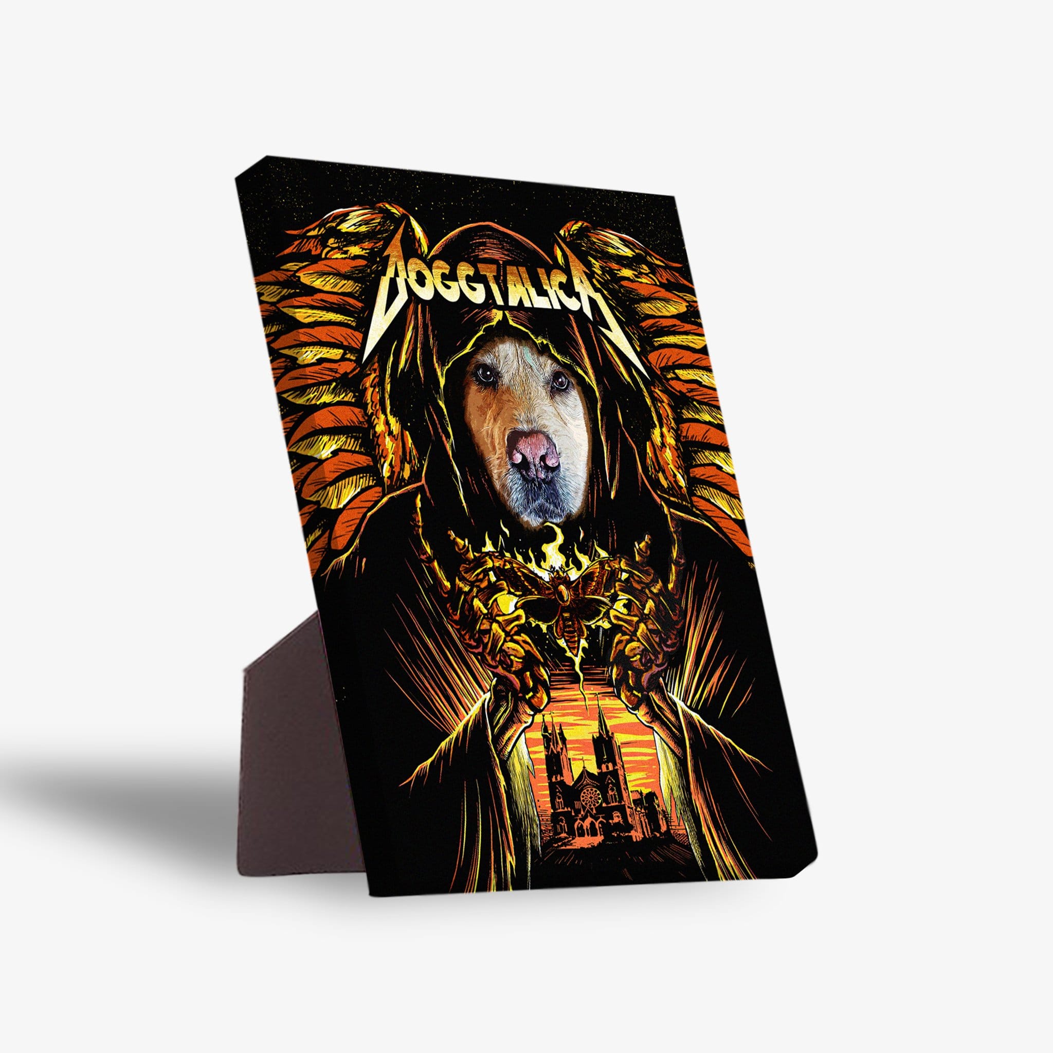 Personalized Doggtalica pet standing canvas featuring a dog in a black hooded robe with fiery wings and a gothic church.