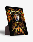 Personalized Doggtalica pet standing canvas featuring a dog in a black hooded robe with fiery wings and a gothic church.