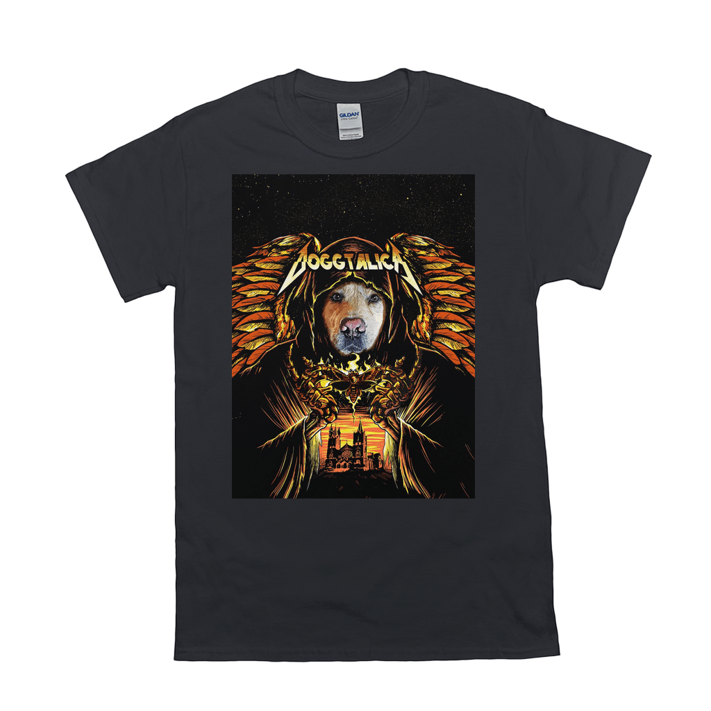 Black Gildan unisex t-shirt featuring a custom "Doggtalica" design with a dog's face, wings, and a sunset scene.