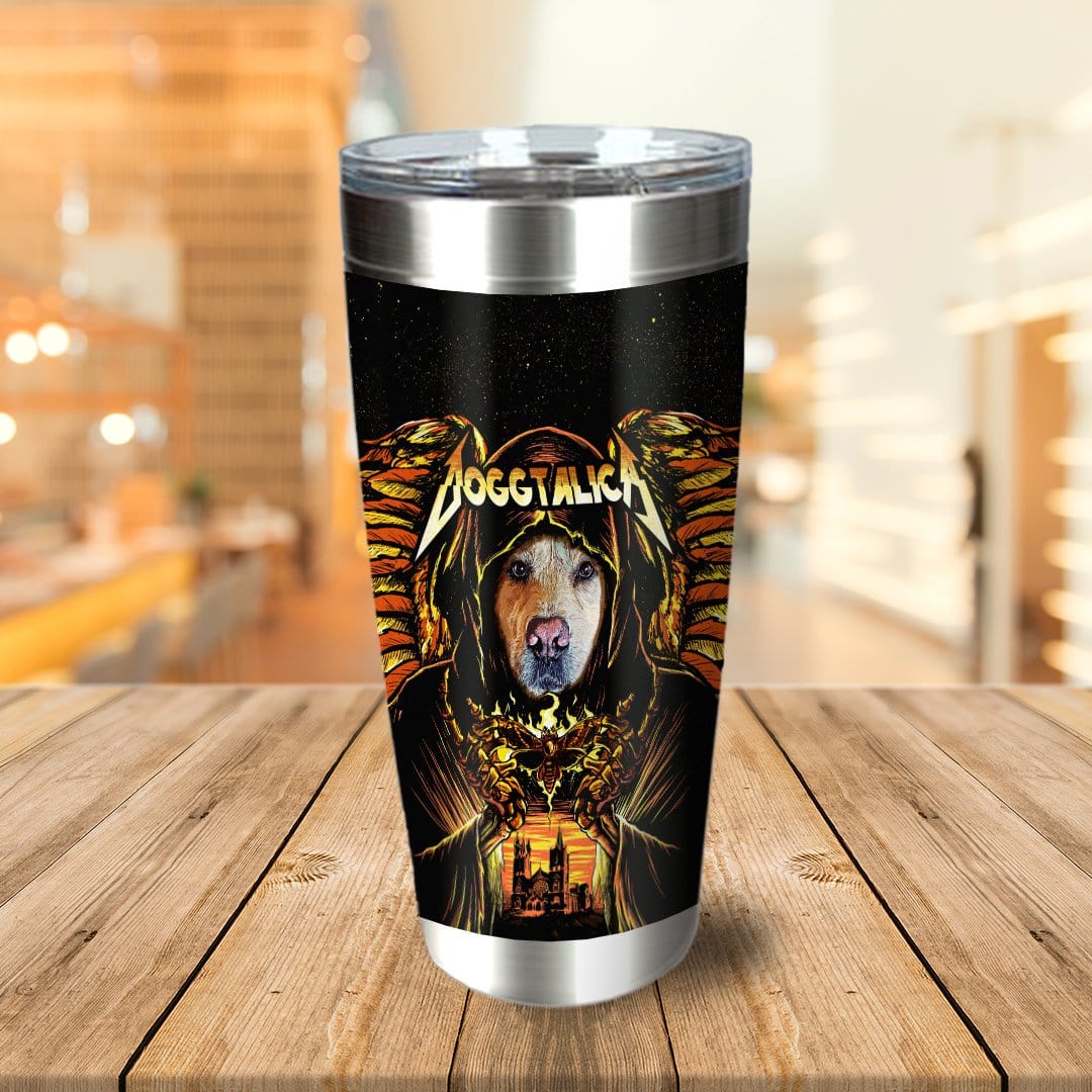 Personalized 'Doggtalica' stainless steel tumbler with a dog in a Viking-style portrait.