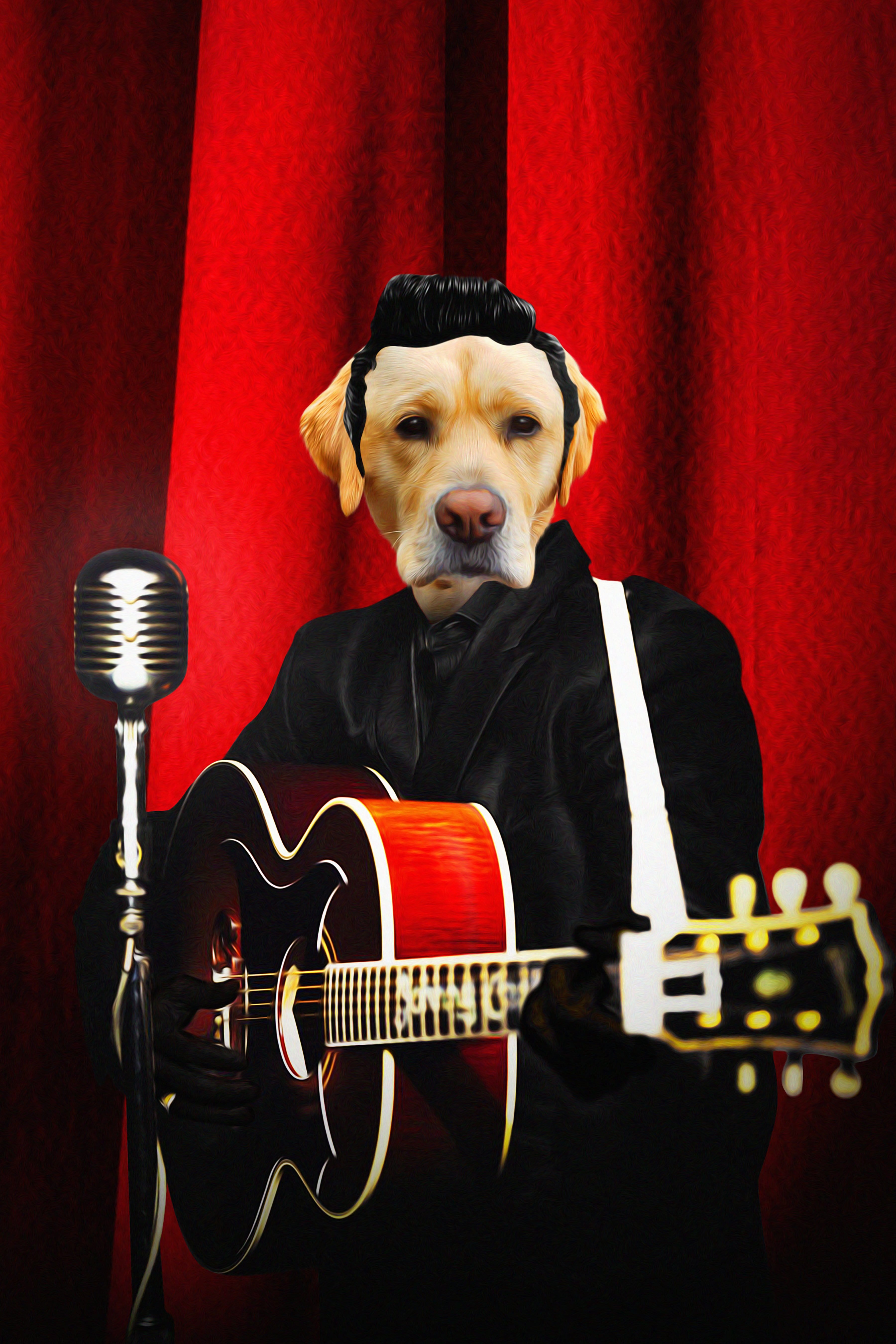 Custom digital portrait of a dog as a rockabilly musician with a guitar and microphone against a red curtain.