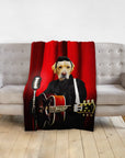 Personalized pet blanket with a yellow lab dog portrait dressed as a rock star with a guitar and microphone.