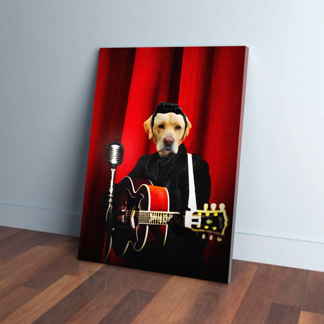 Personalized "Doggy Cash" canvas featuring a Labrador in a black suit playing guitar against a red curtain.