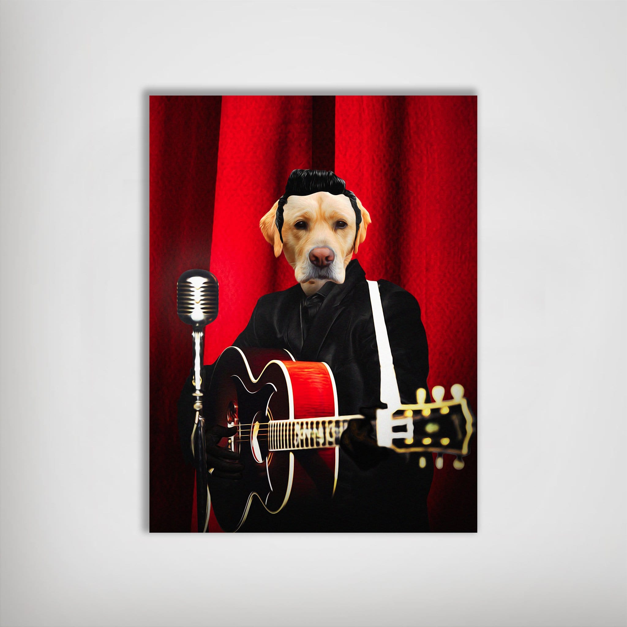 Personalized matte poster featuring a yellow lab dressed as a rock star playing a red guitar.