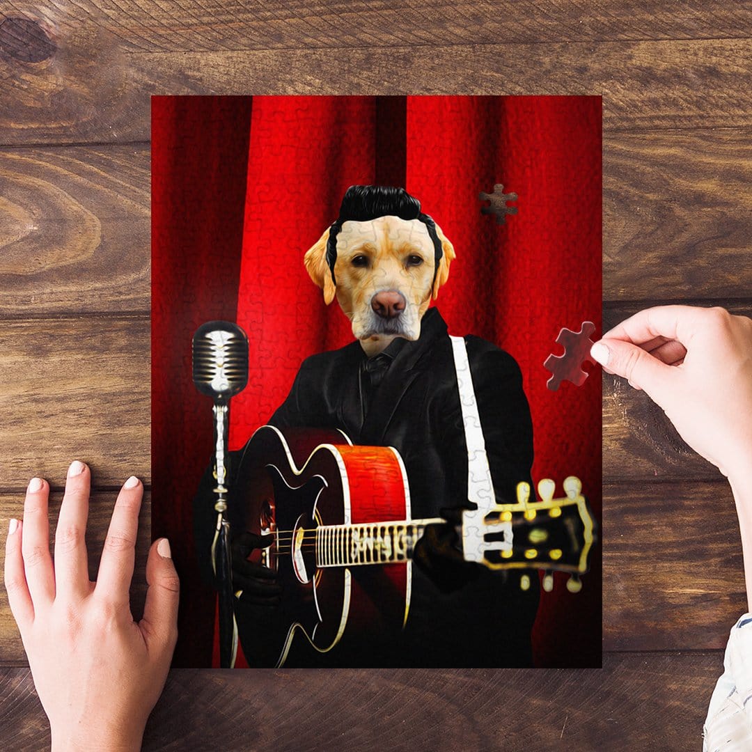 Personalized 'Doggy Cash' pet puzzle featuring a yellow lab in a black suit playing guitar against red curtains.