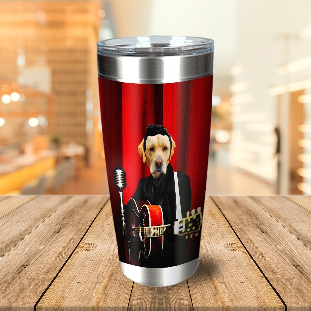 Personalized stainless steel tumbler with a custom cartoon dog portrait as a rockstar holding a guitar.