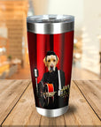 Personalized stainless steel tumbler with a custom cartoon dog portrait as a rockstar holding a guitar.