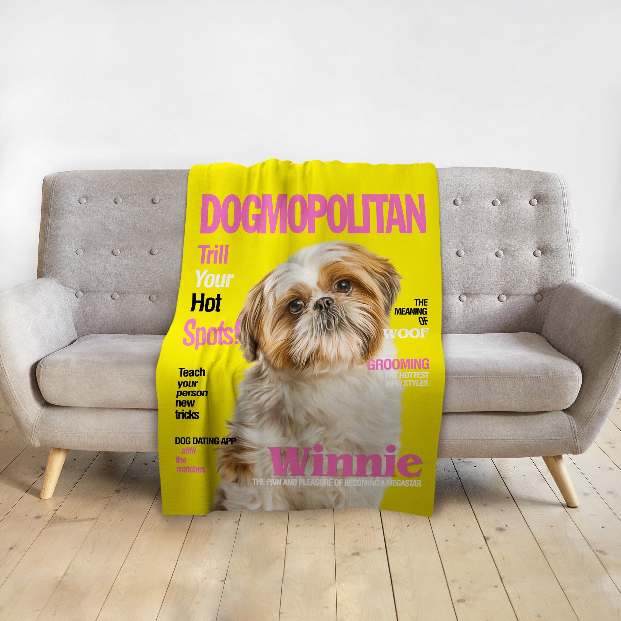 Personalized yellow pet blanket featuring a Shih Tzu dog portrait in a "Dogmopolitan" magazine cover style.