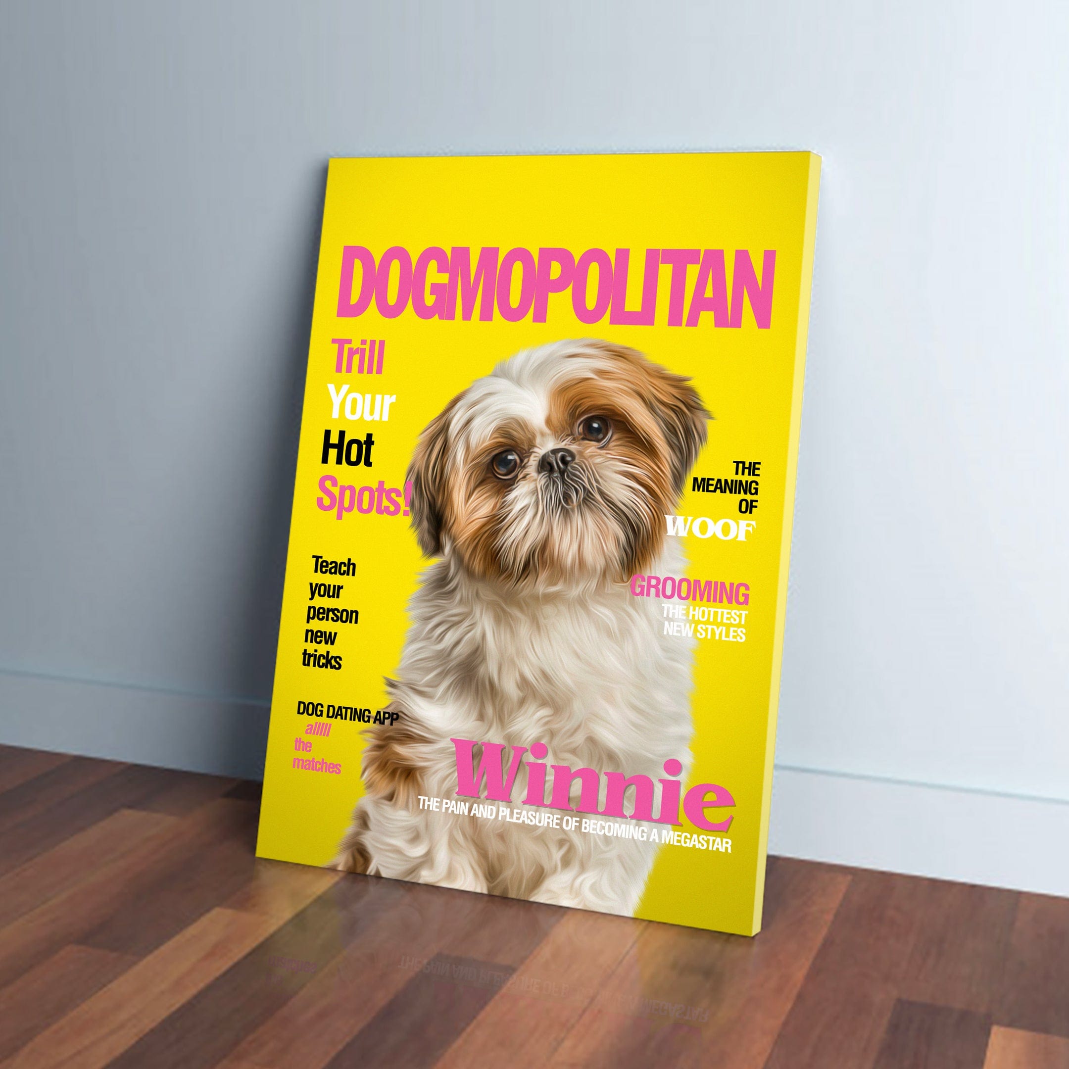 Personalized Dogmopolitan magazine cover canvas featuring a Shih Tzu named Winnie on a bright yellow background.