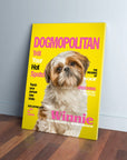 Personalized Dogmopolitan magazine cover canvas featuring a Shih Tzu named Winnie on a bright yellow background.