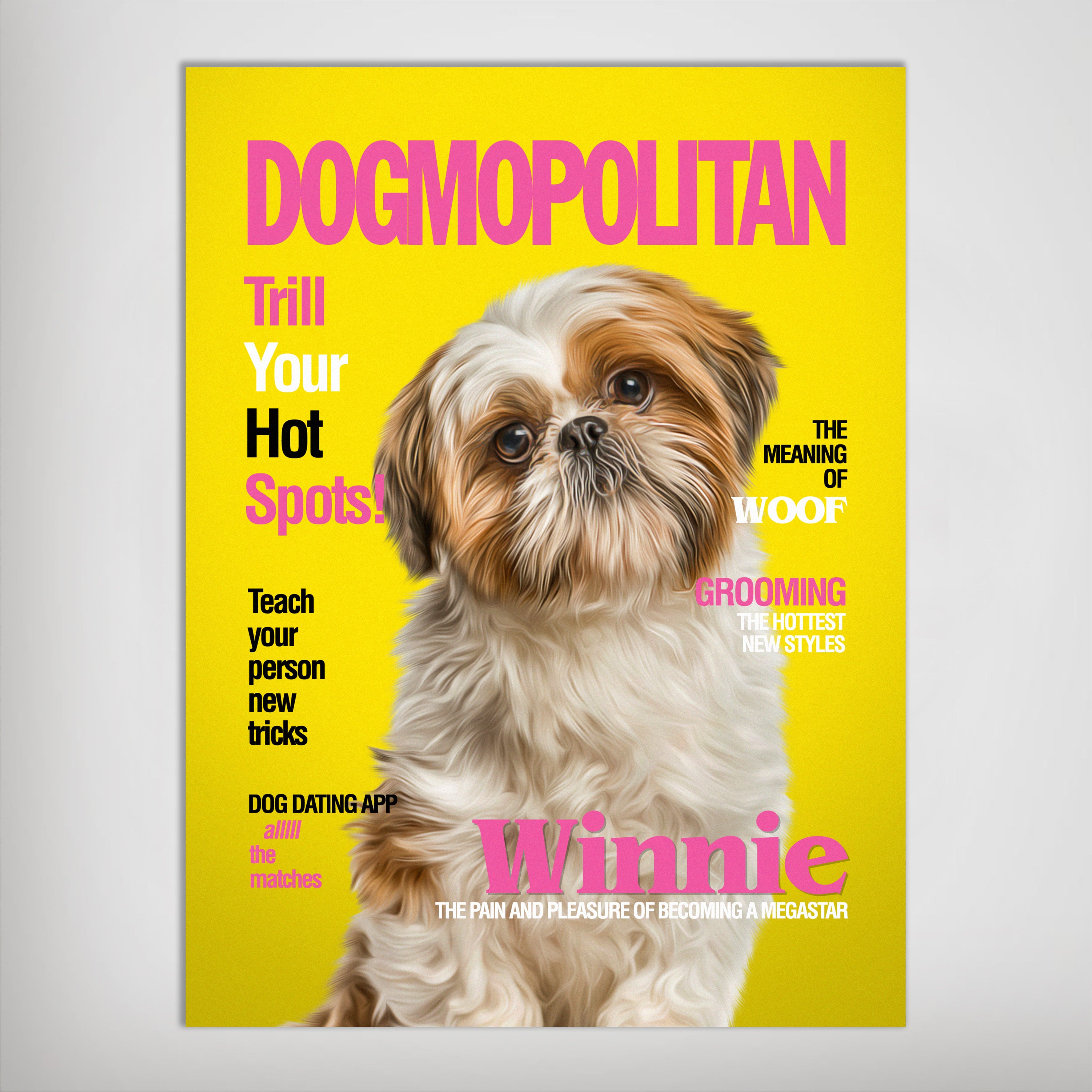 Personalized 'Dogmopolitan' poster featuring a Shih Tzu on a yellow background with pink text.