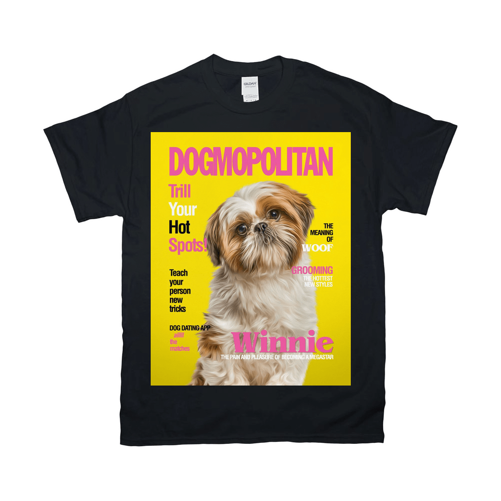 Black Gildan t-shirt with a yellow "Dogmopolitan" magazine cover featuring a Shih Tzu named Winnie.