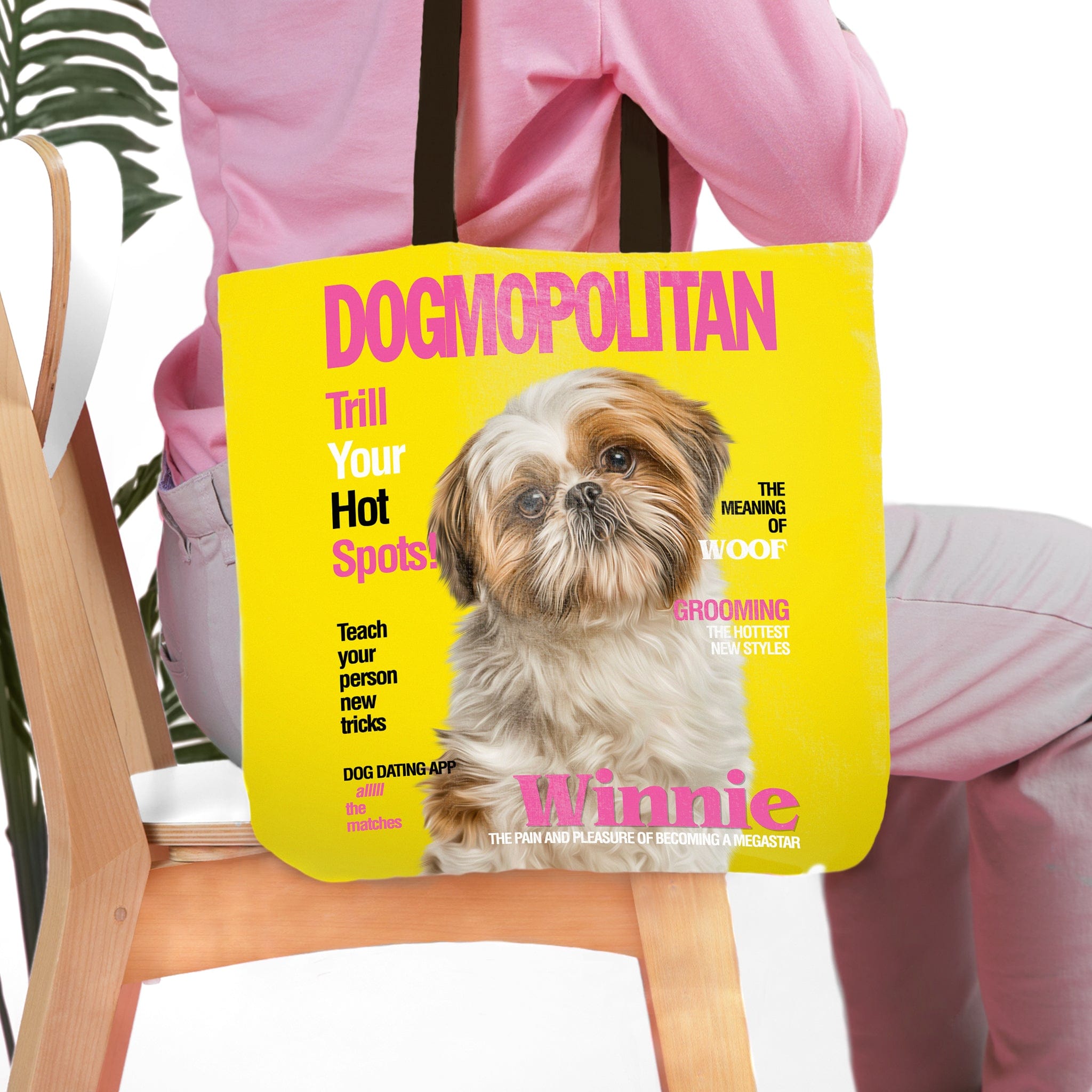 Personalized yellow 'Dogmopolitan' tote bag featuring a custom portrait of a Shih Tzu dog named Winnie.