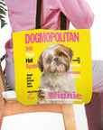 Personalized yellow 'Dogmopolitan' tote bag featuring a custom portrait of a Shih Tzu dog named Winnie.