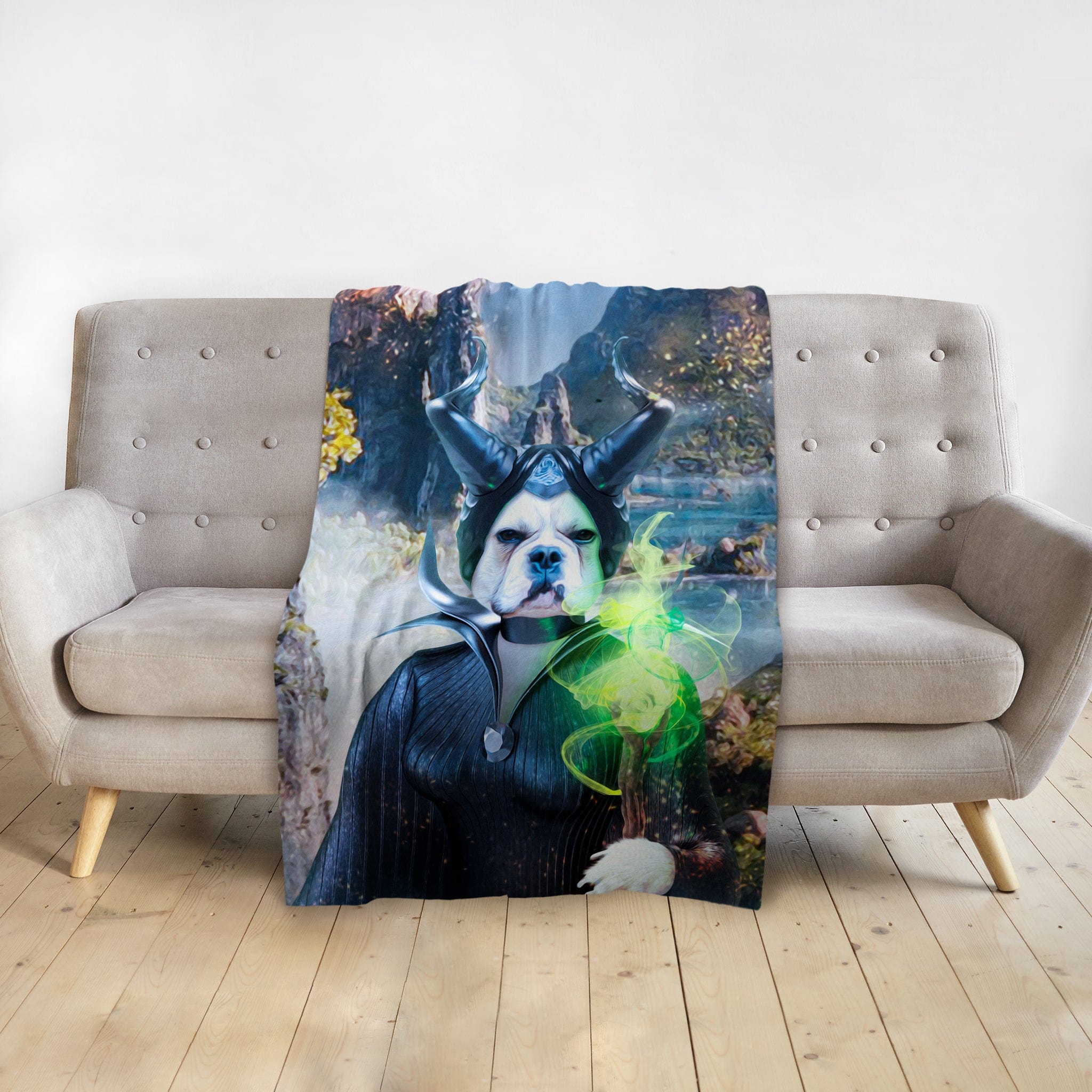Personalized pet blanket featuring a custom Doggovinci portrait of a dog dressed as Maleficent.