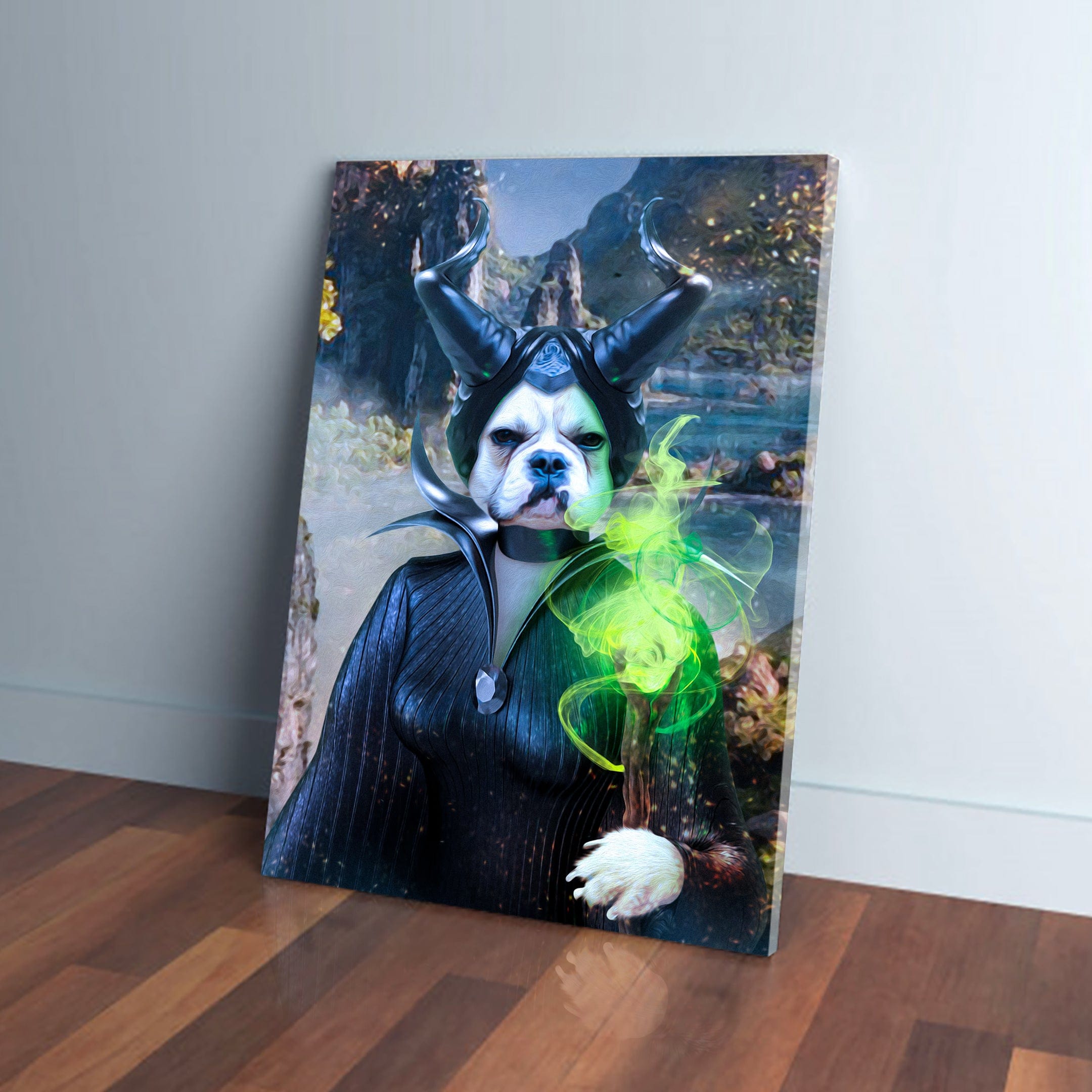 Personalized 'Dognificent' pet canvas featuring a dog dressed as Maleficent with green smoke.
