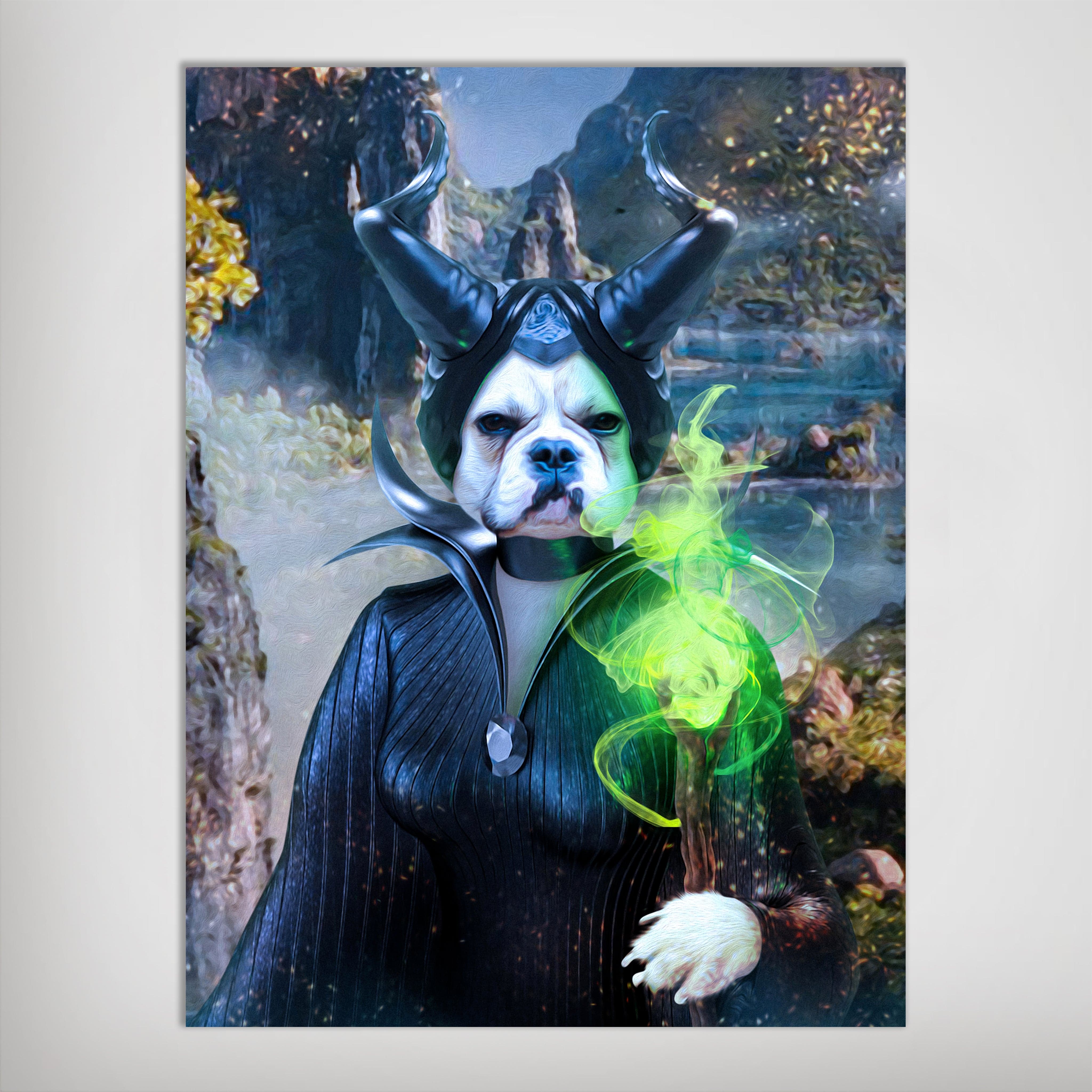 Custom 'Dognificent' pet poster featuring a bulldog as Maleficent with black horns and green magic.