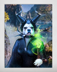 Custom 'Dognificent' pet poster featuring a bulldog as Maleficent with black horns and green magic.