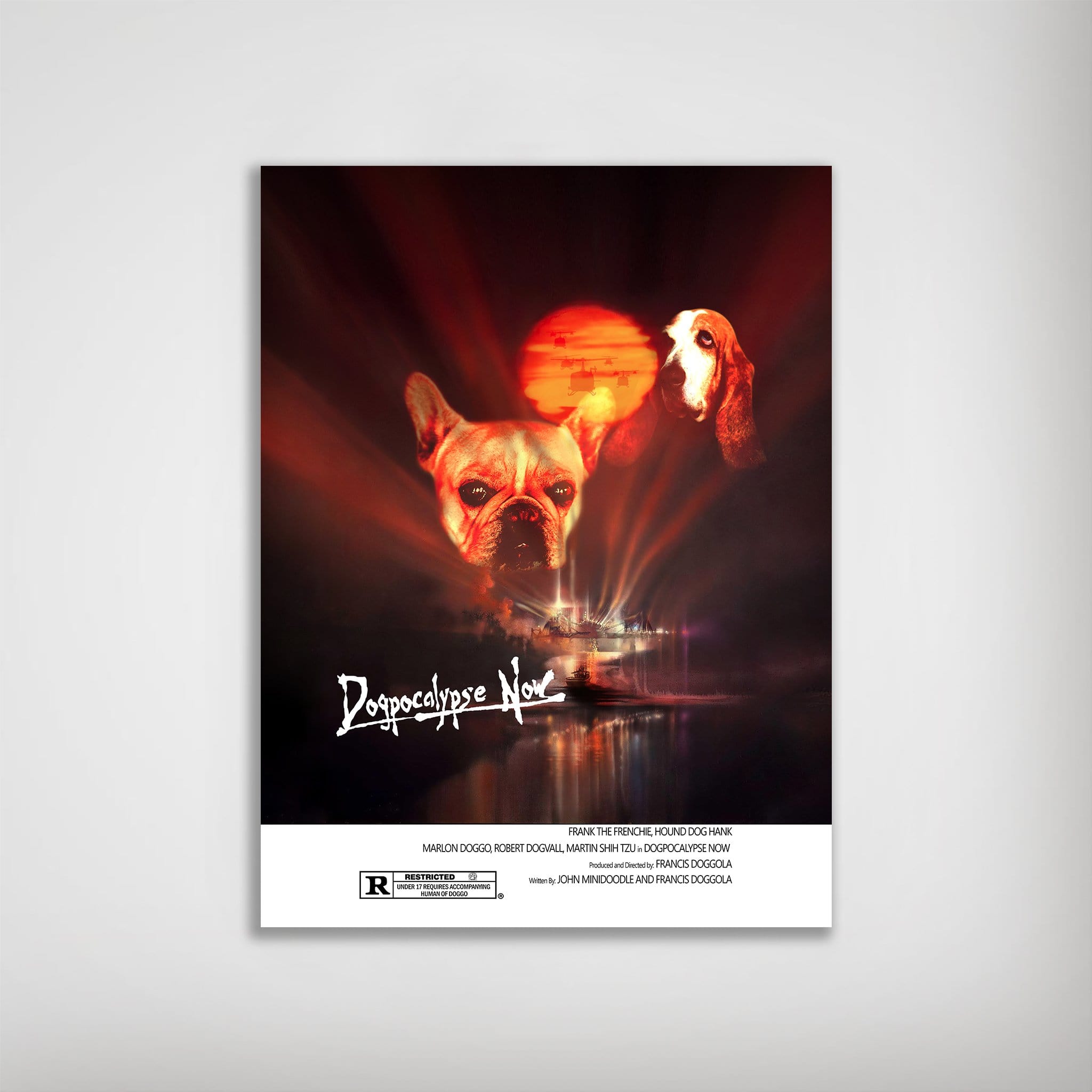 Personalized "Dogpocalypse Now" poster featuring two pets, a French Bulldog and a Basset Hound, with a red sun.