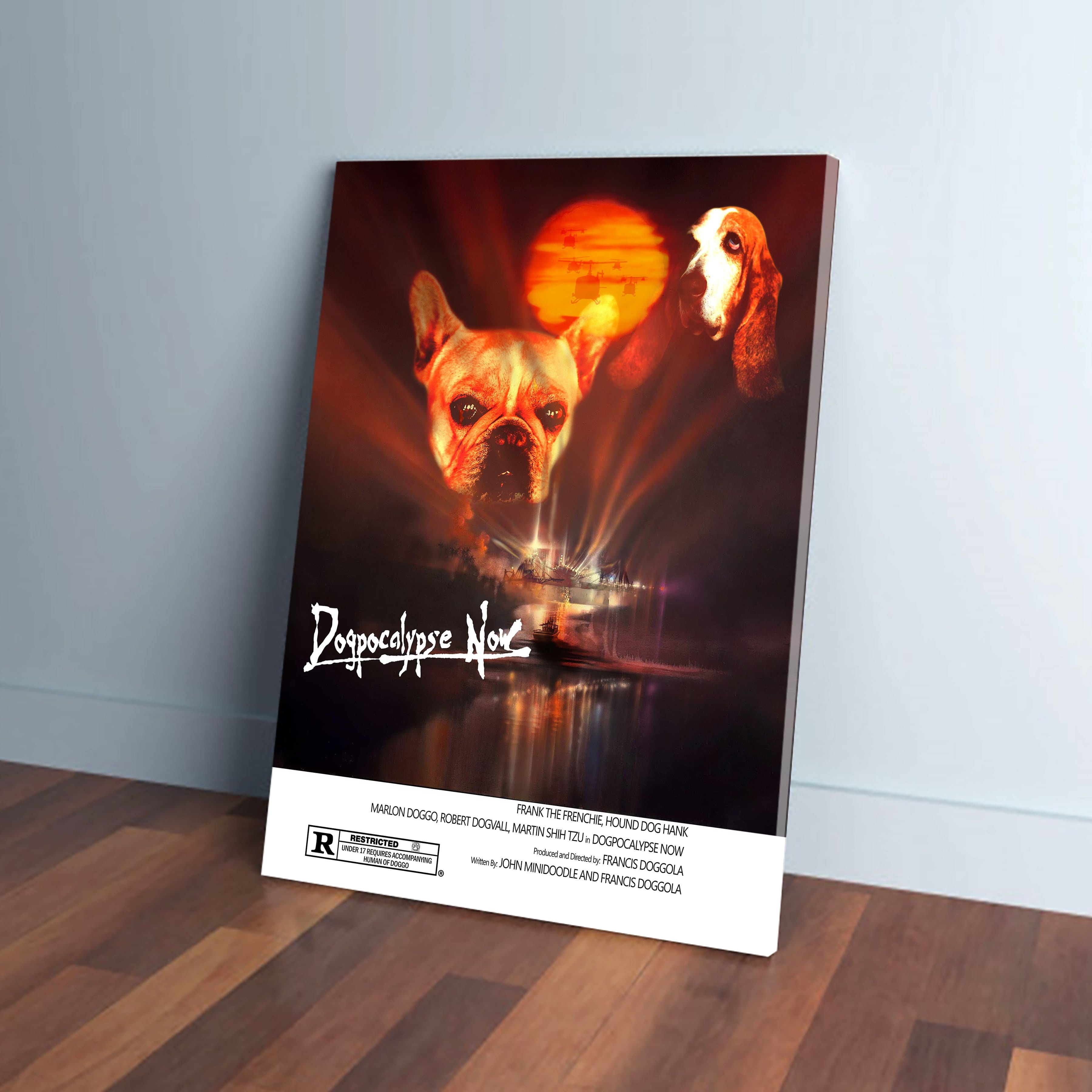 Custom "Dogpocalypse Now" canvas featuring a French Bulldog and Basset Hound against an orange sunset.