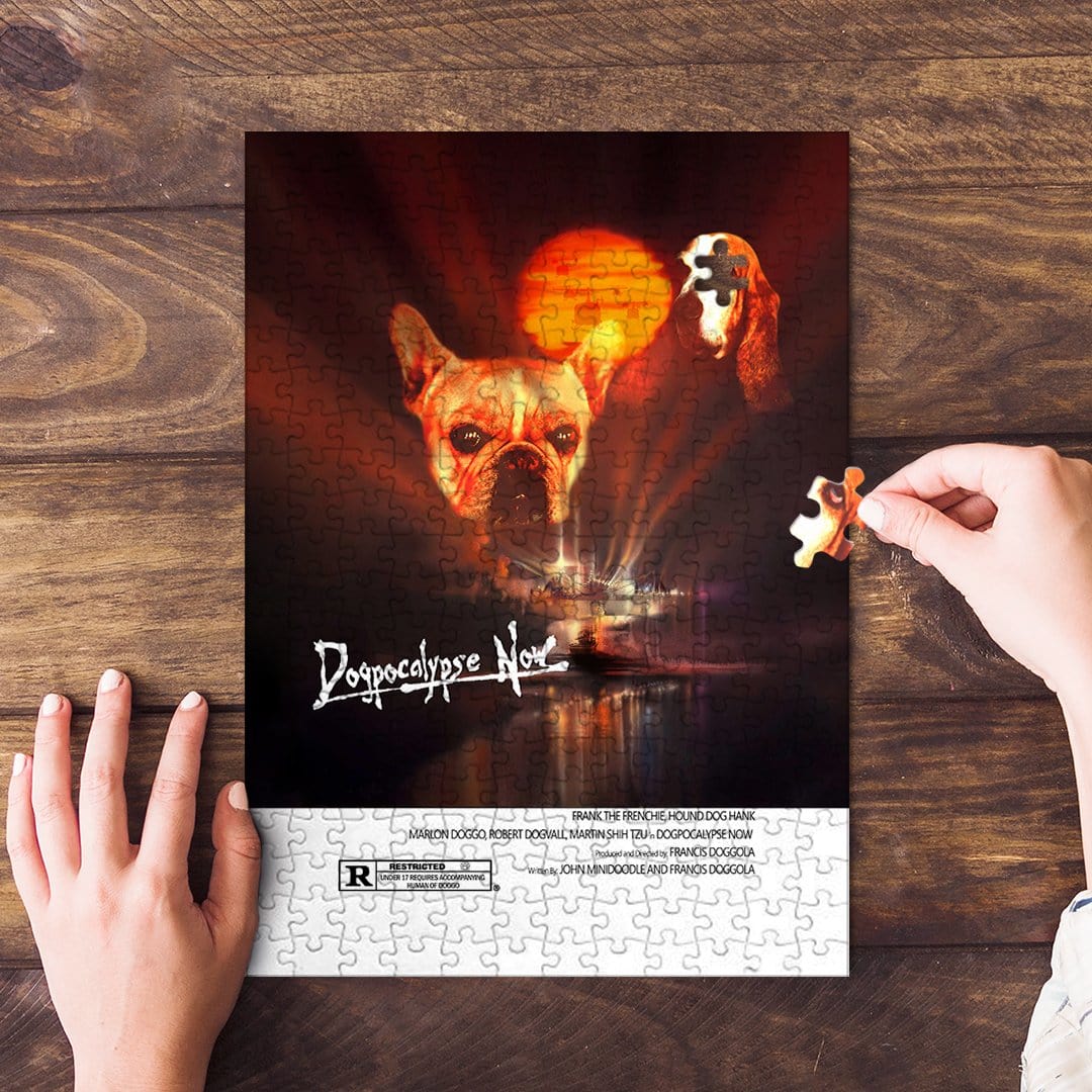Personalized 'Dogpocalypse Now' puzzle featuring two custom pet portraits in a movie poster style.