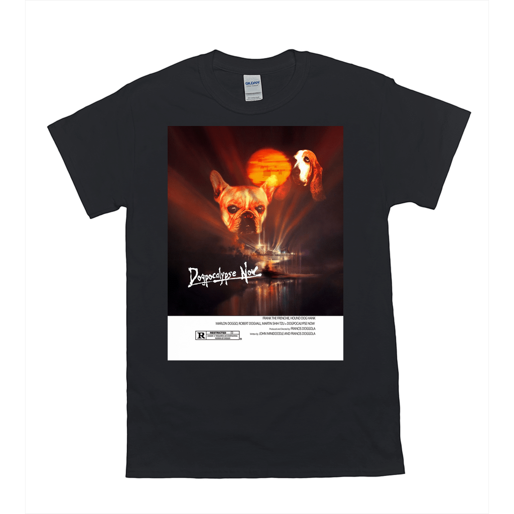 Black Gildan t-shirt with "Dogpocalypse Now" movie poster design featuring two pets, a French bulldog and a basset hound, under an orange sun.