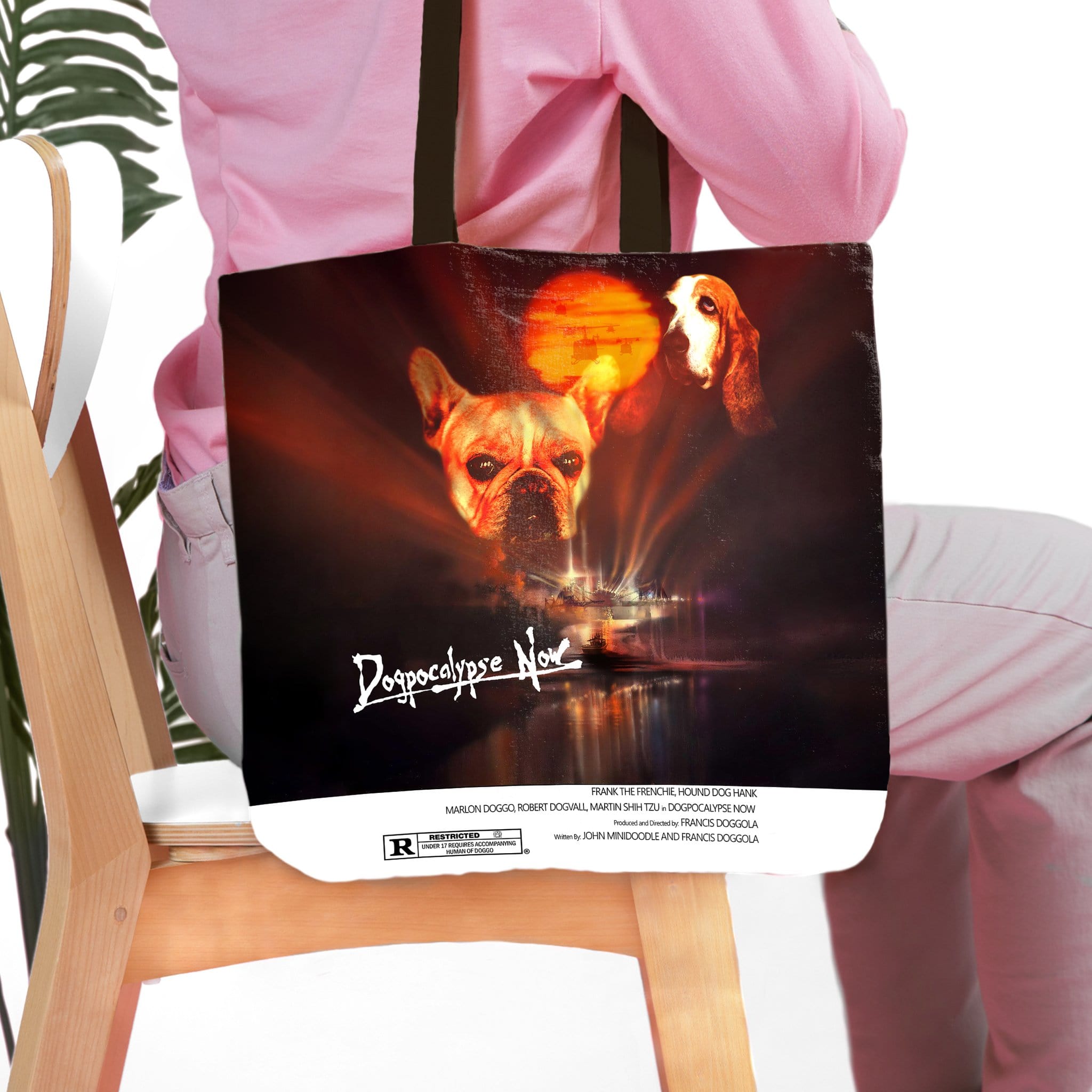 Personalized "Dogpocalypse Now" tote bag with custom dog portraits, featuring a French Bulldog and Basset Hound.