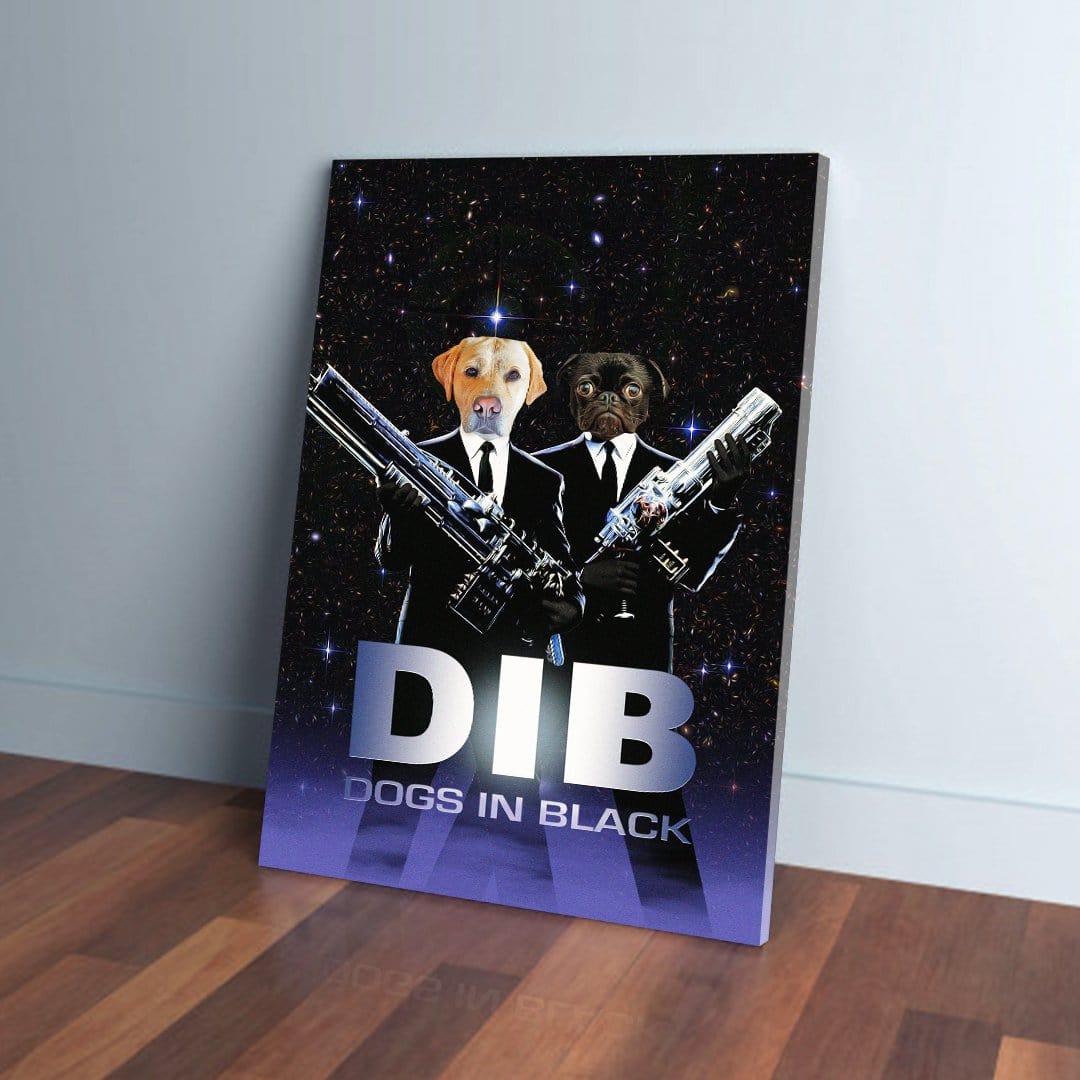 Personalized "Dogs in Black" canvas featuring two pets in suits holding futuristic guns against a starry background.